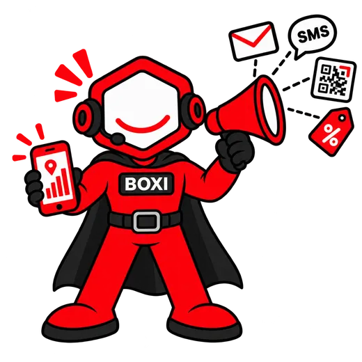 Boxi z megafonem, z którego wylatują e-mail, SMS, kod QR i metka z rabatem, w drugiej ręce telefon z wykresem