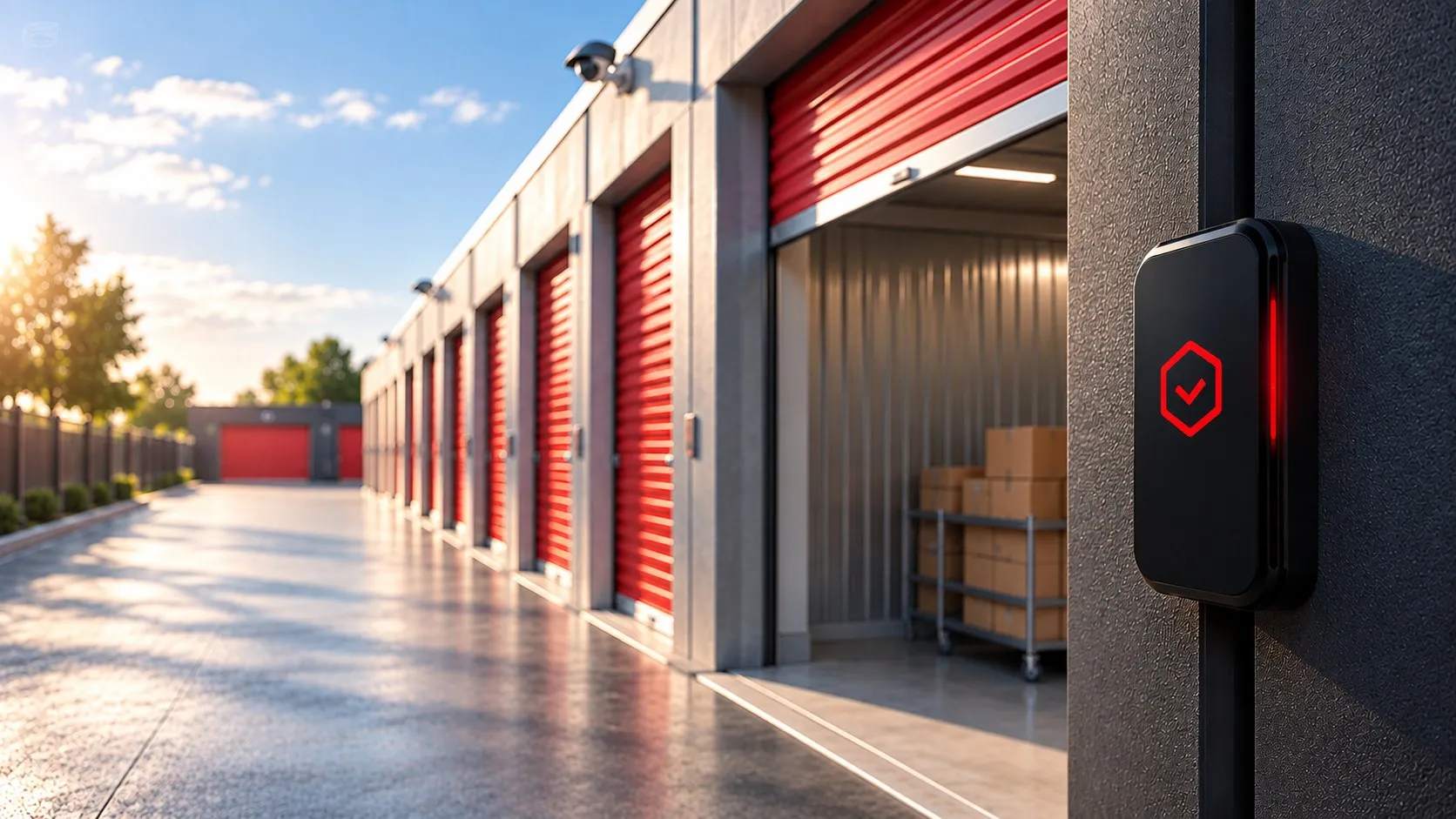 A row of red self-storage doors, one open, with a code reader beside it